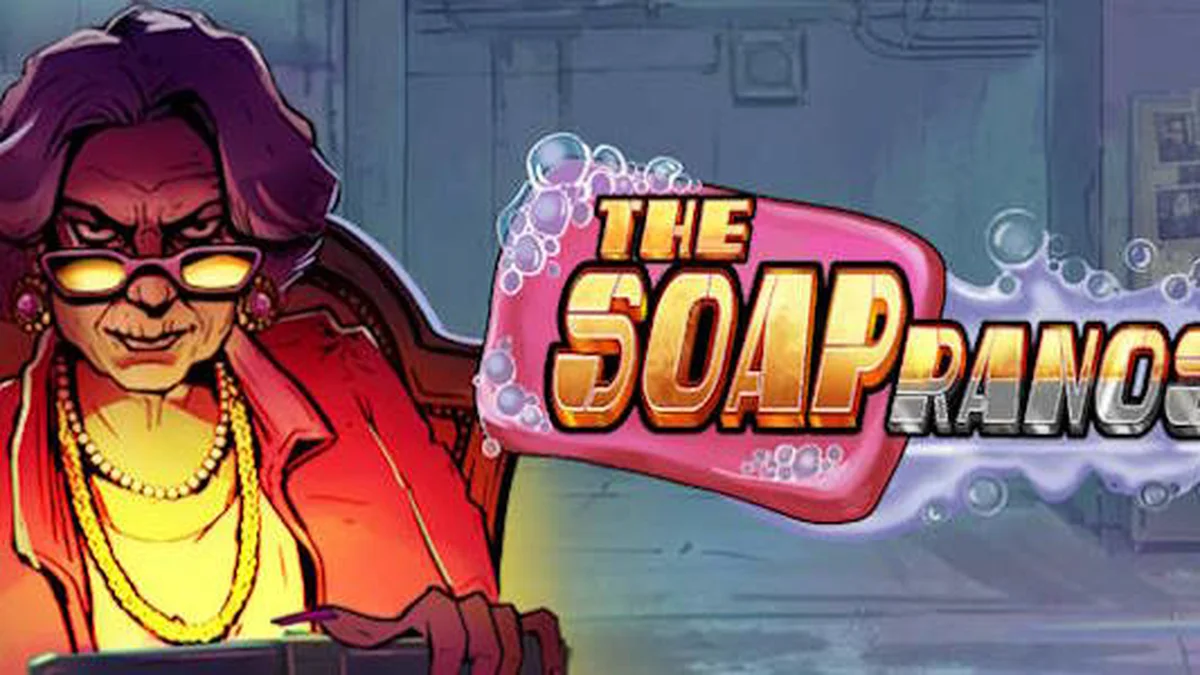 Tampilan layar permainan slot Soapranos dengan elemen neon dan simbol yang dinamis