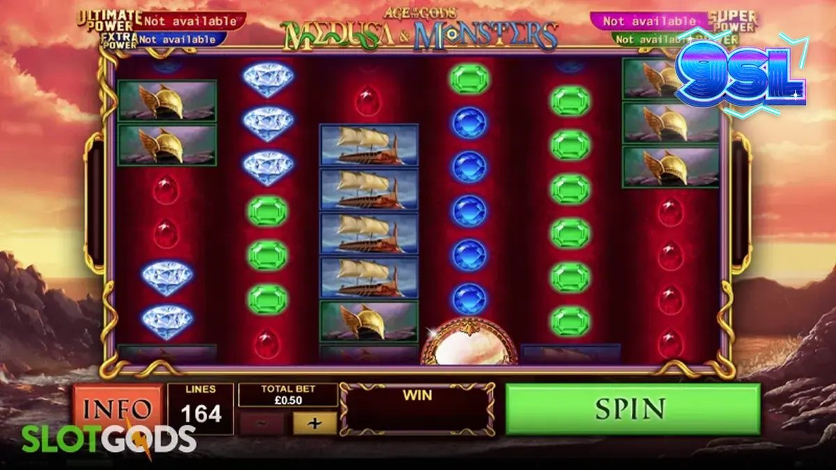 Tampilan visual slot Age of the Gods: Medusa & Monsters dengan tema mitologi Yunani